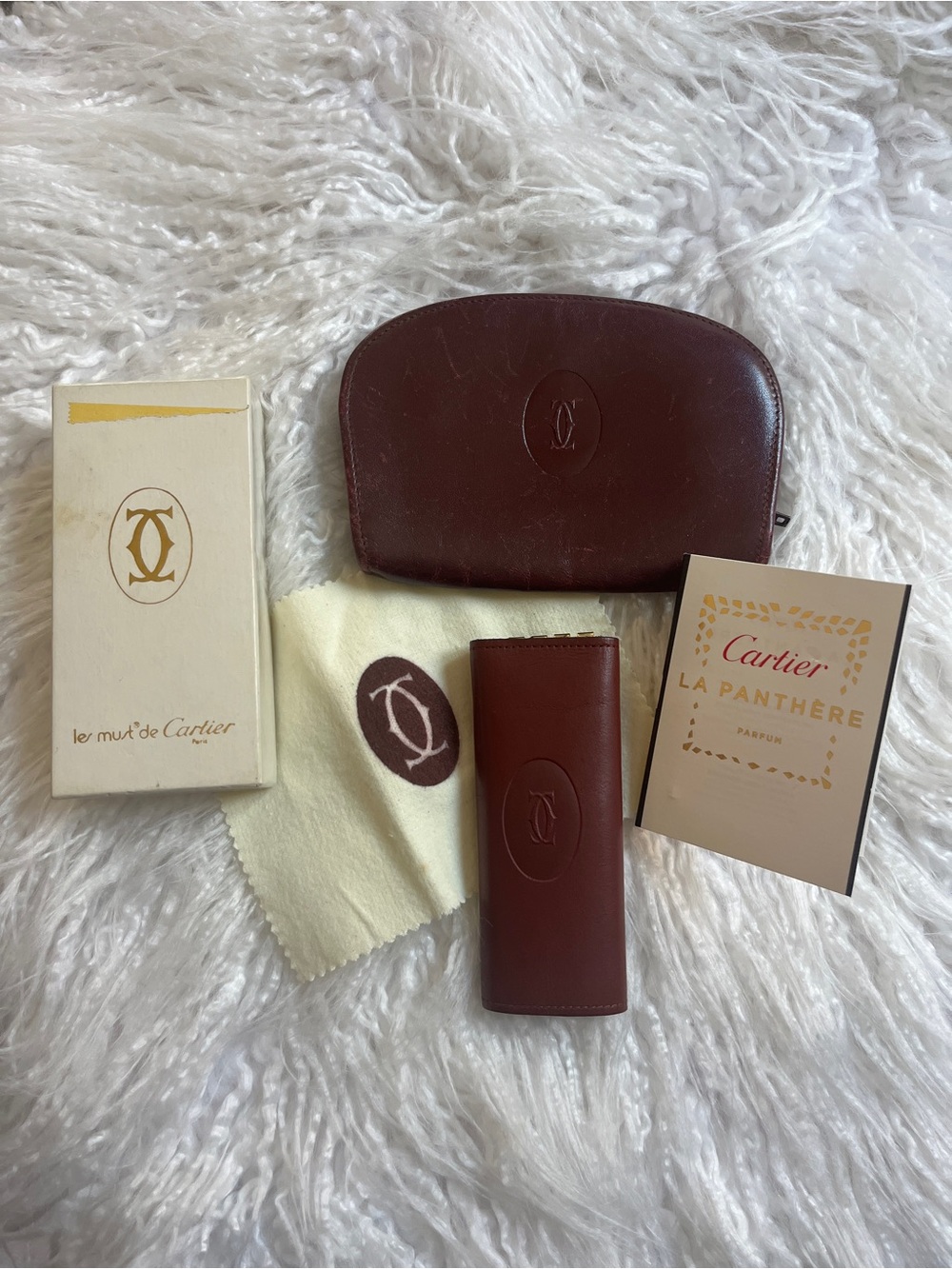 Cartier Burgundy and Gold Leather Key Case, wallet & perfum sample bundle